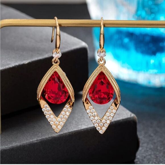 14K Yellow Gold with Ruby Red Austrian Crystal Halo Leaf Teardrop Hook Earrings - Picture 4 of 7